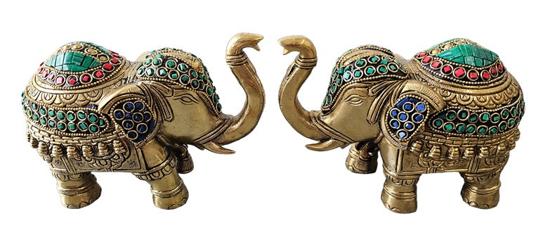 Brass with Color Stone Elephant Vastu Luck Pair Set Decoration Home Office Restaurant Display