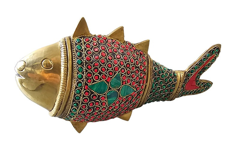 Brass with Color Stone Fish Good Luck Ornaments Statue Decoration Home Office Restaurant Display