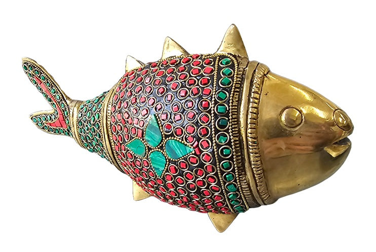 Brass with Color Stone Fish Good Luck Ornaments Statue Decoration Home Office Restaurant Display