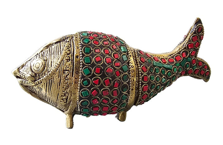 Brass with Color Stone Fish Good Luck Ornaments Statue Decoration Home Office Restaurant Display