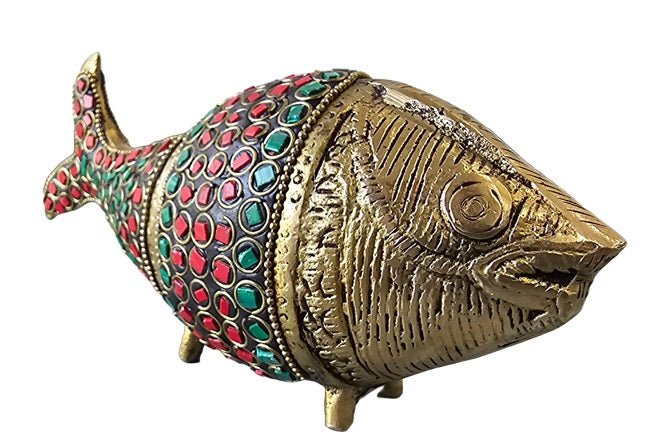 Brass with Color Stone Fish Good Luck Ornaments Statue Decoration Home Office Restaurant Display