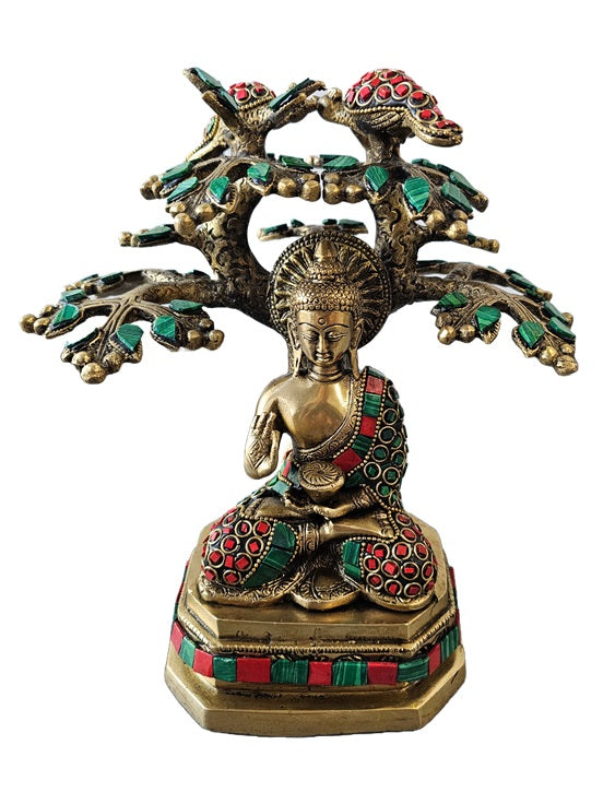 Brass Bronze with Color Stone Lord Buddha Preaching Under The Bodhi Tree Statue Decoration Home Office Temple Display