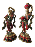 Brass Bronze and Color Matka Ladies with Pot and Bird Pair Set Statue Decoration Home Office Restaurant Display