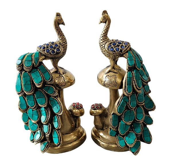 Brass Bronze with Color Stone Peacock Graceful Pair Set Animal Statue Decoration Home Office Restaurant Display