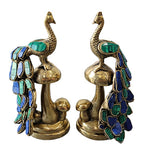 Brass Bronze with Color Stone Peacock Graceful Pair Set Animal Statue Decoration Home Office Restaurant Display