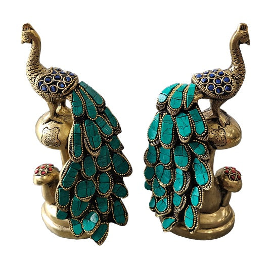 Brass Bronze with Color Stone Peacock Graceful Pair Set Animal Statue Decoration Home Office Restaurant Display
