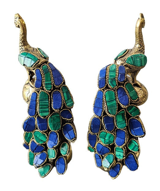 Brass Bronze with Color Stone Peacock Graceful Pair Set Animal Statue Decoration Home Office Restaurant Display