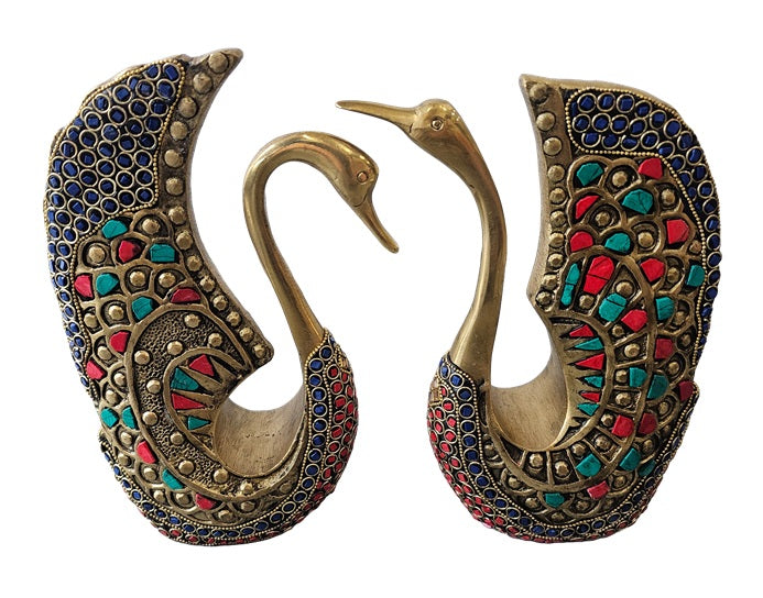 Brass Bronze with Color Stone Swan Harmony Pair Set Animal Statue Decoration Home Office Restaurant Display