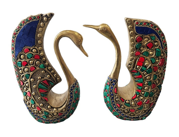 Brass Bronze with Color Stone Swan Harmony Pair Set Animal Statue Decoration Home Office Restaurant Display