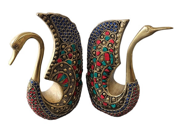 Brass Bronze with Color Stone Swan Harmony Pair Set Animal Statue Decoration Home Office Restaurant Display