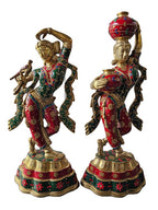 Brass Bronze and Color Matka Ladies with Pot and Bird Pair Set Statue Decoration Home Office Restaurant Display