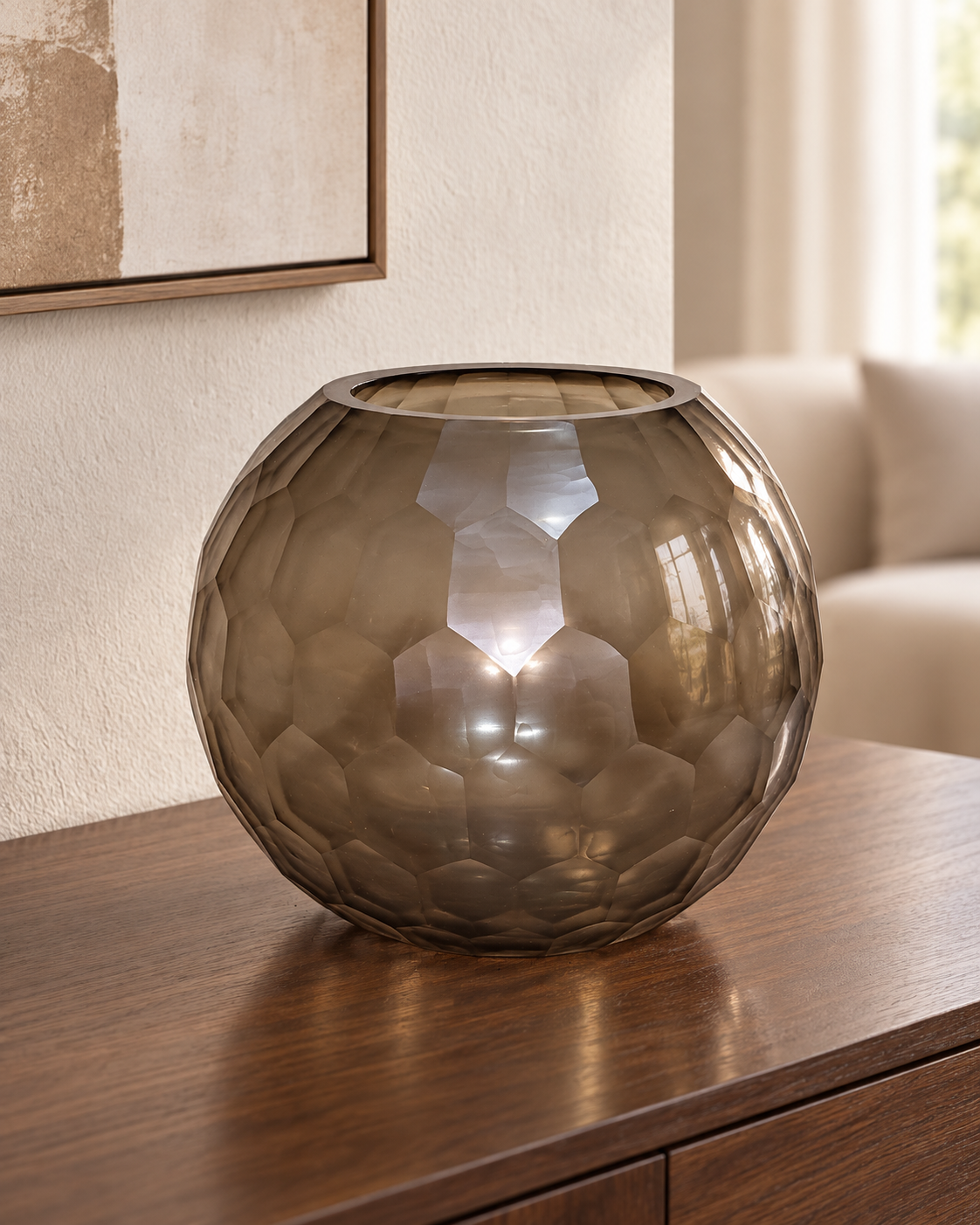EHAIKA Designer Glass Flower Vase Bowl, Honeycomb Cut Patterned, Small Opening - Smoky Brown Colour