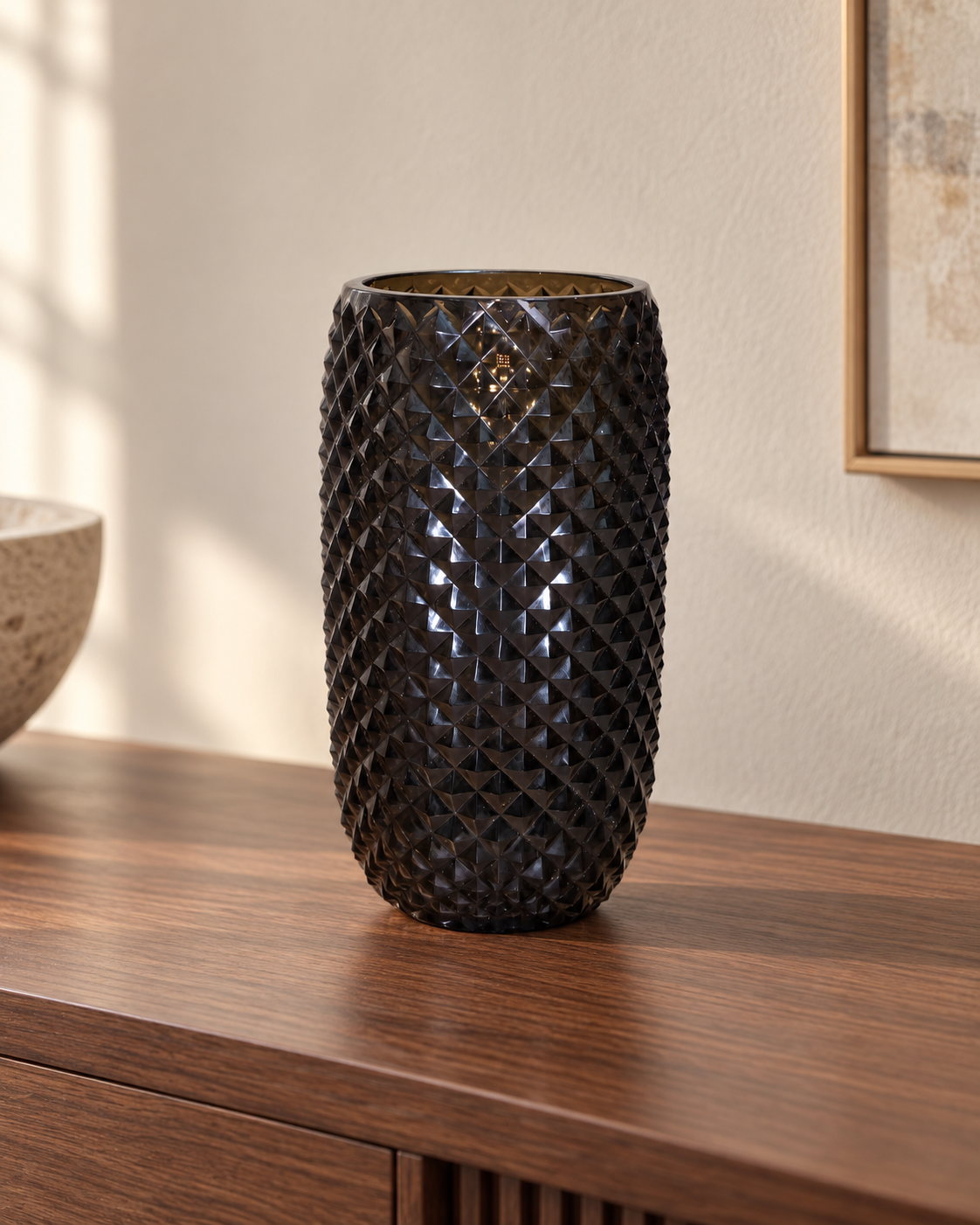 EHAIKA Designer Table Top Glass Flower Vase, Handmade Diamond Cut Patterned - Cylinder Shaped