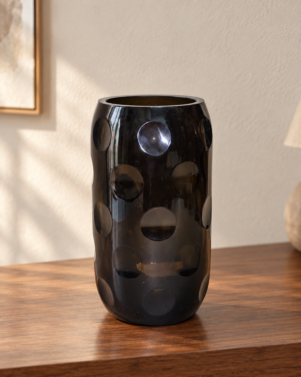 EHAIKA Designer Glass Flower Vase, Moon Cut Patterned, Large Opening, Smoky Brown Colour