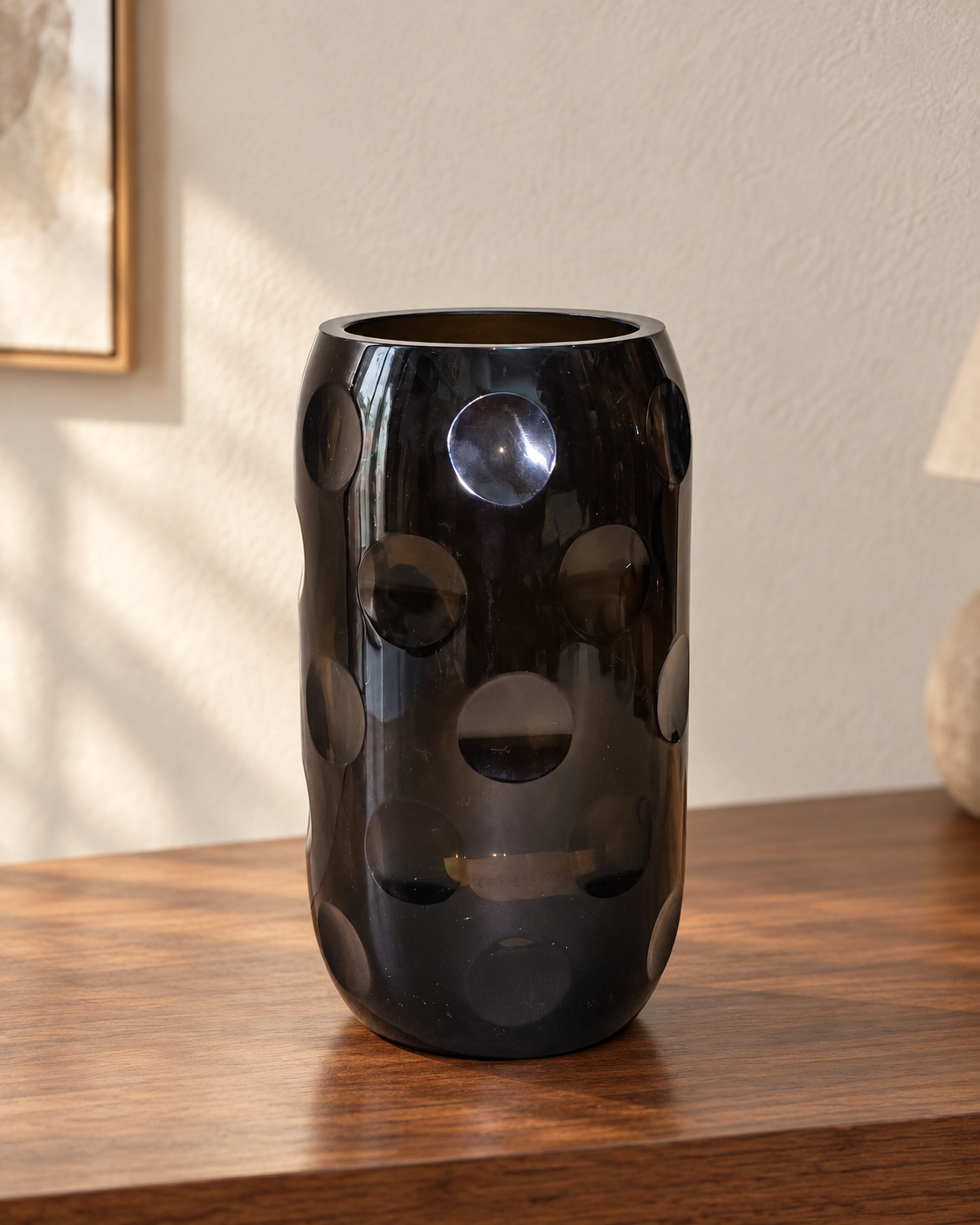 EHAIKA Designer Glass Flower Vase, Moon Cut Patterned, Large Opening, Smoky Brown Colour