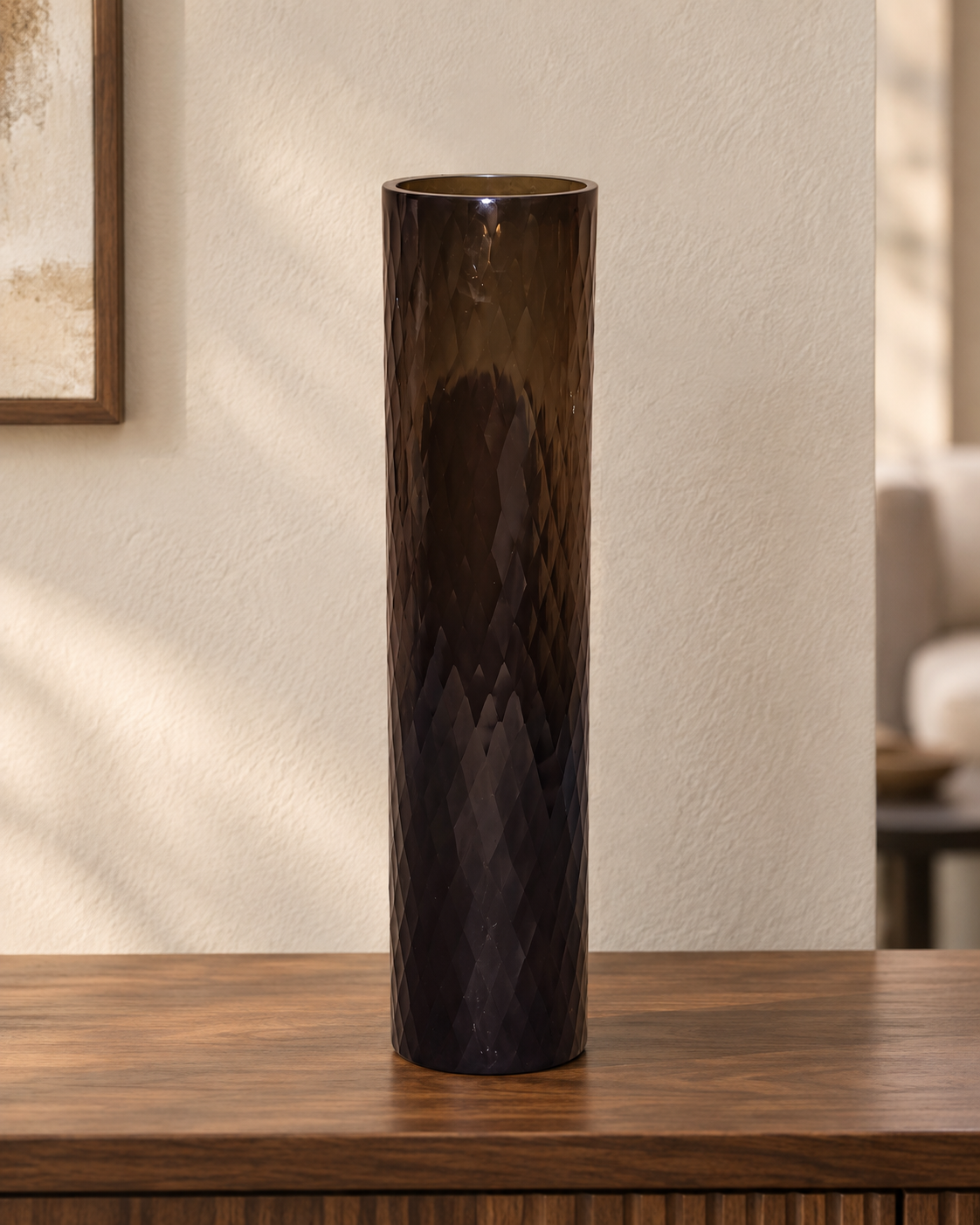 EHAIKA Designer Floor Standing Glass Flower Vase, Handmade Honeycomb Cut Patterned - Cylinder Shaped