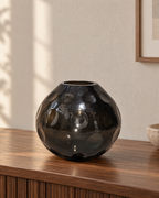EHAIKA Glass Flower Vase With Moon Cut Patterned Small Neck Designed - Black Colour (Small)
