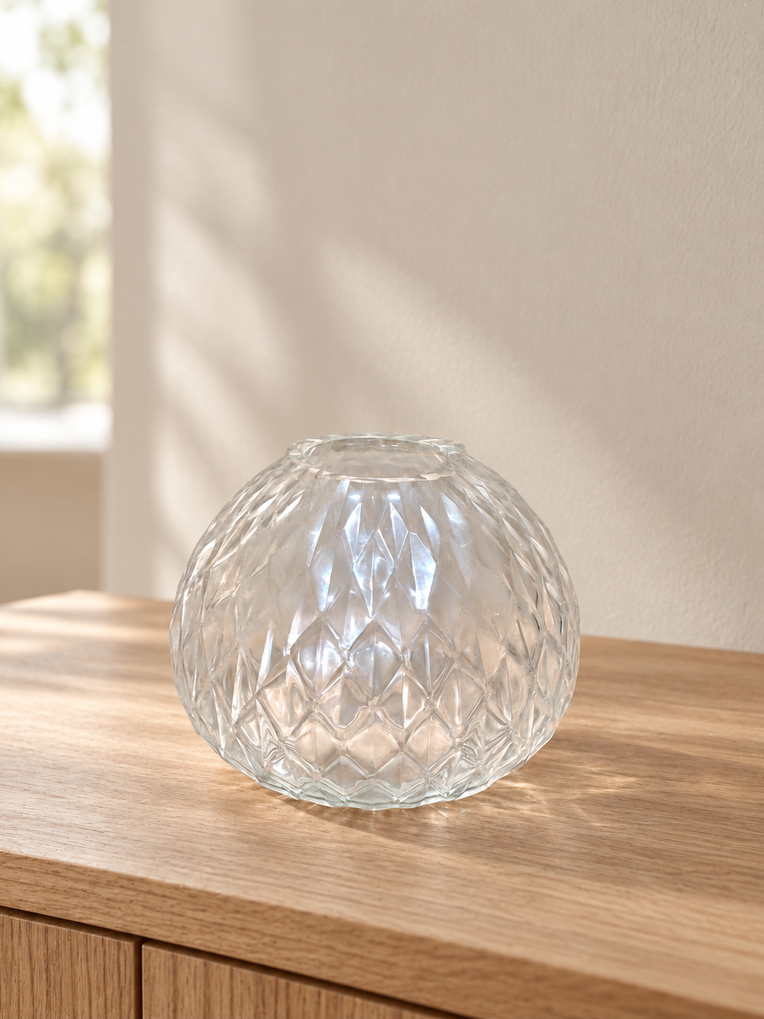EHAIKA Small Table-top Clear Glass Flower Vase, Handmade Diamond Cut Patterned - Round Shaped