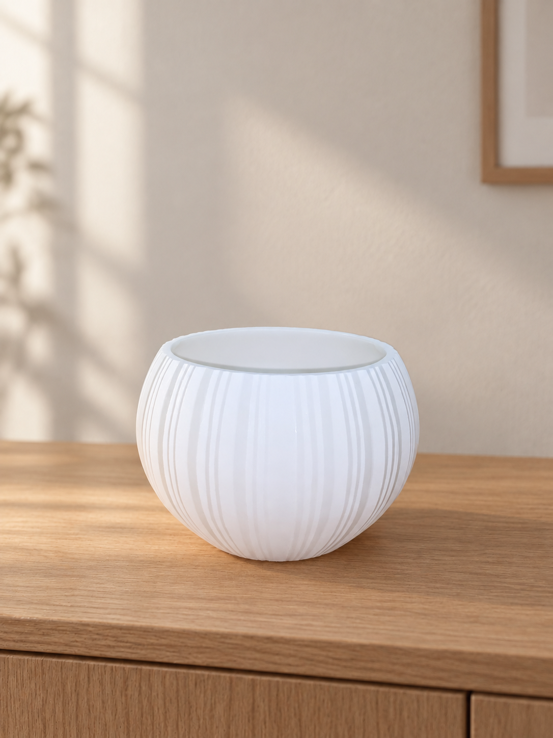 EHAIKA Large Opening Glass Flower Vase, Line Cut Jagged Patterned - Round Shaped, White Color