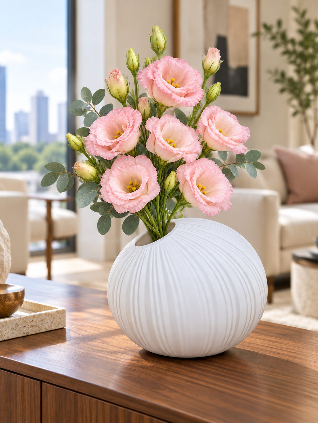 EHAIKA Designer Glass Flower Vase, Line Cut Jagged Patterned - Round Shaped, White Color