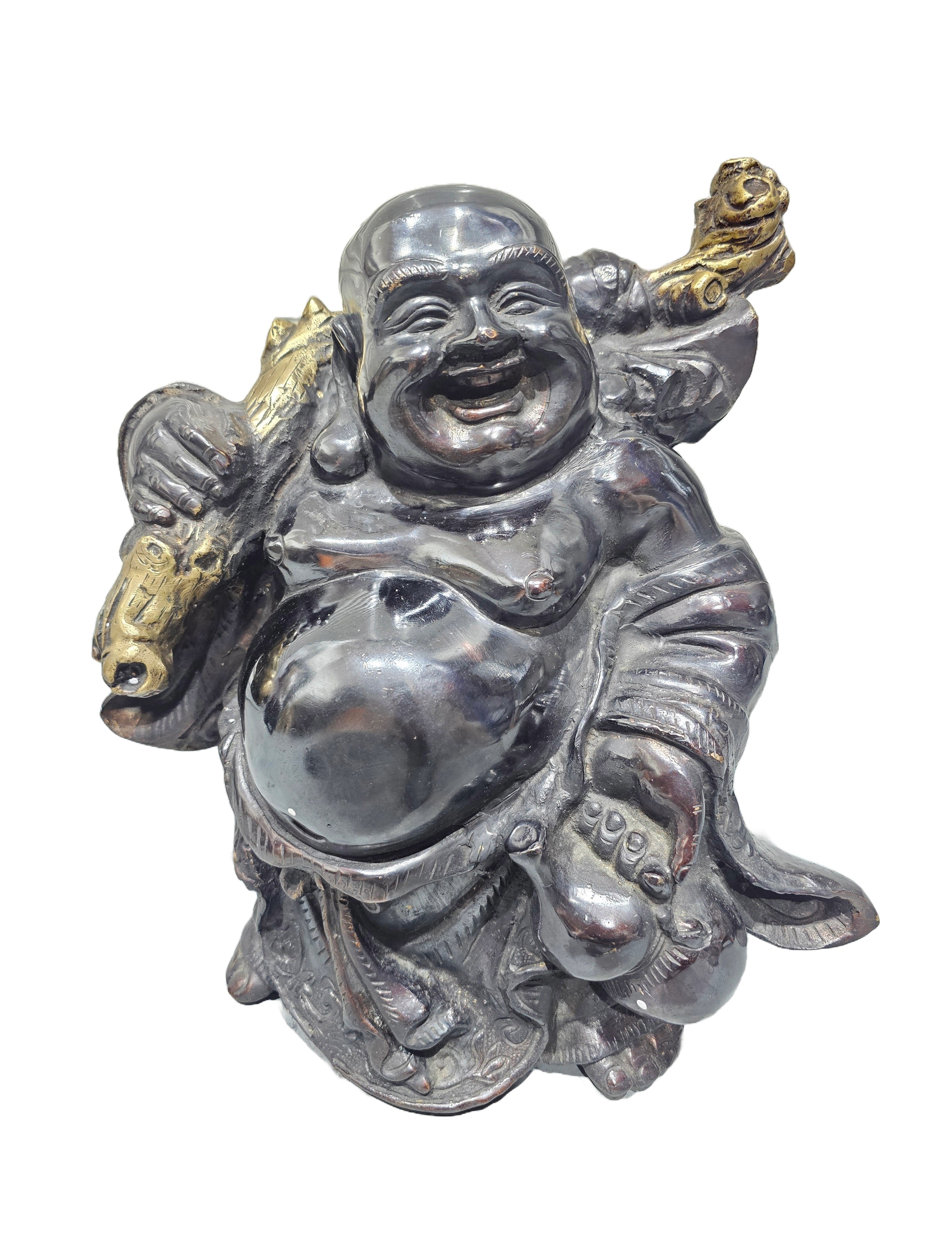 Chinese lucky antique look brass bronze golden tabletop smiling laughing buddha figurines statue in Singapore