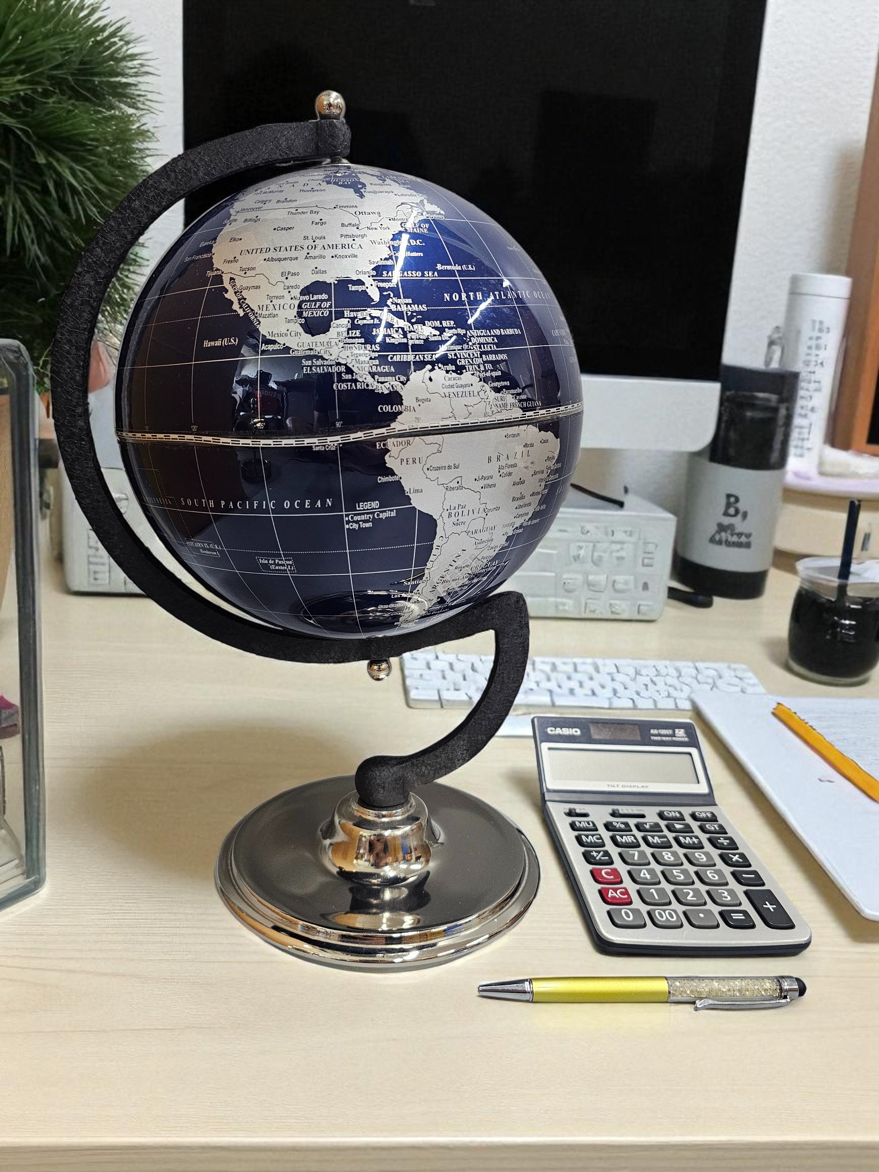 EHAIKA Dark Blue Table Top World Globe, Large Size, Simple & Durable Metal Stand