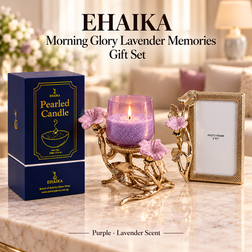 EHAIKA Morning Glory Lavender Memories gift set featuring a lavender candle and decorative picture frame by Artistry Deco Shop