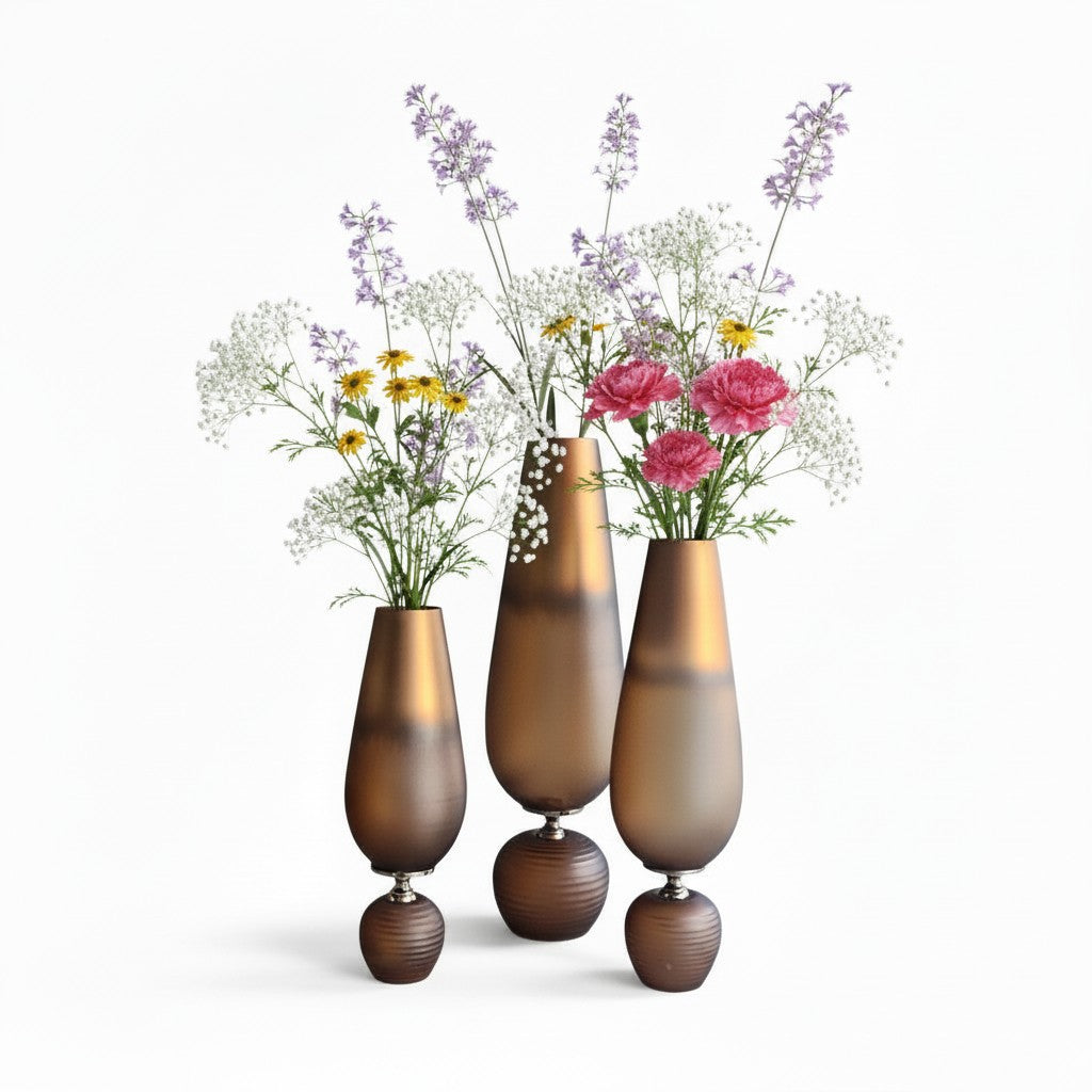 EHAIKA Designer Glass Vase With Aluminium And Hand Carved Base – Home Livingroom Console Décor