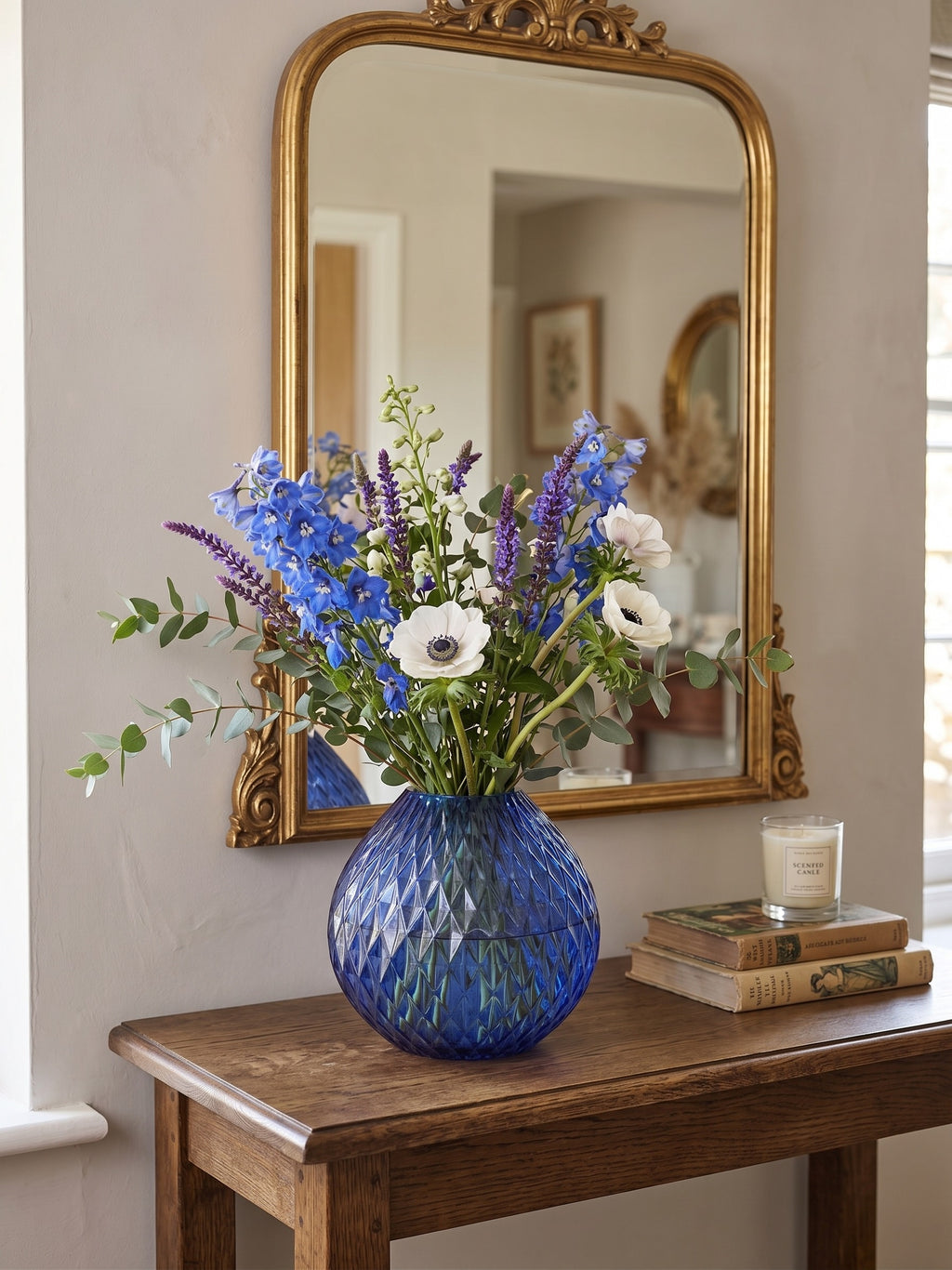 EHAIKA Glass Flower Vase Bowl With Rice Cut Patterned Small Opening Designed - Blue Colour