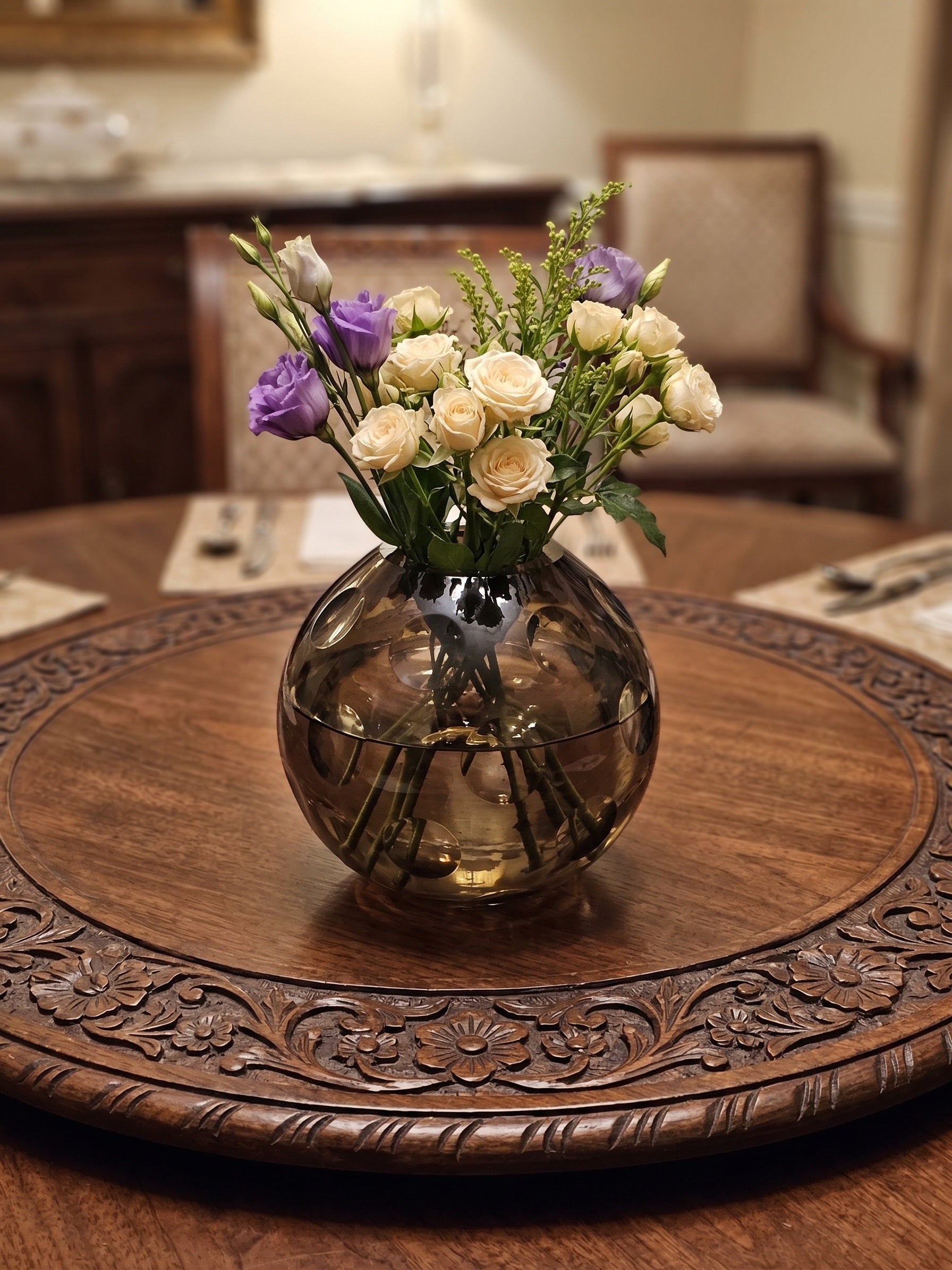 EHAIKA Glass Flower Vase With Moon Cut Patterned Small Neck Designed - Black Colour (Small)