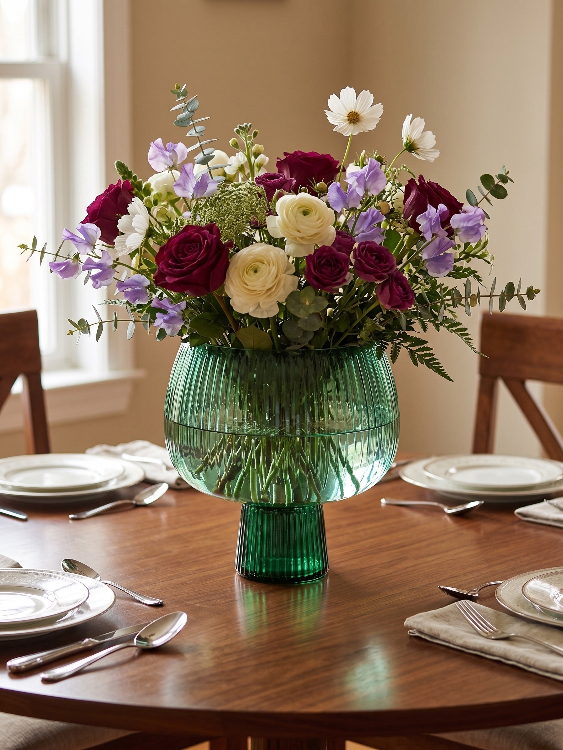EHAIKA Glass Flower Vase With Line Cut Patterned Mushroom Designed - Green Colour