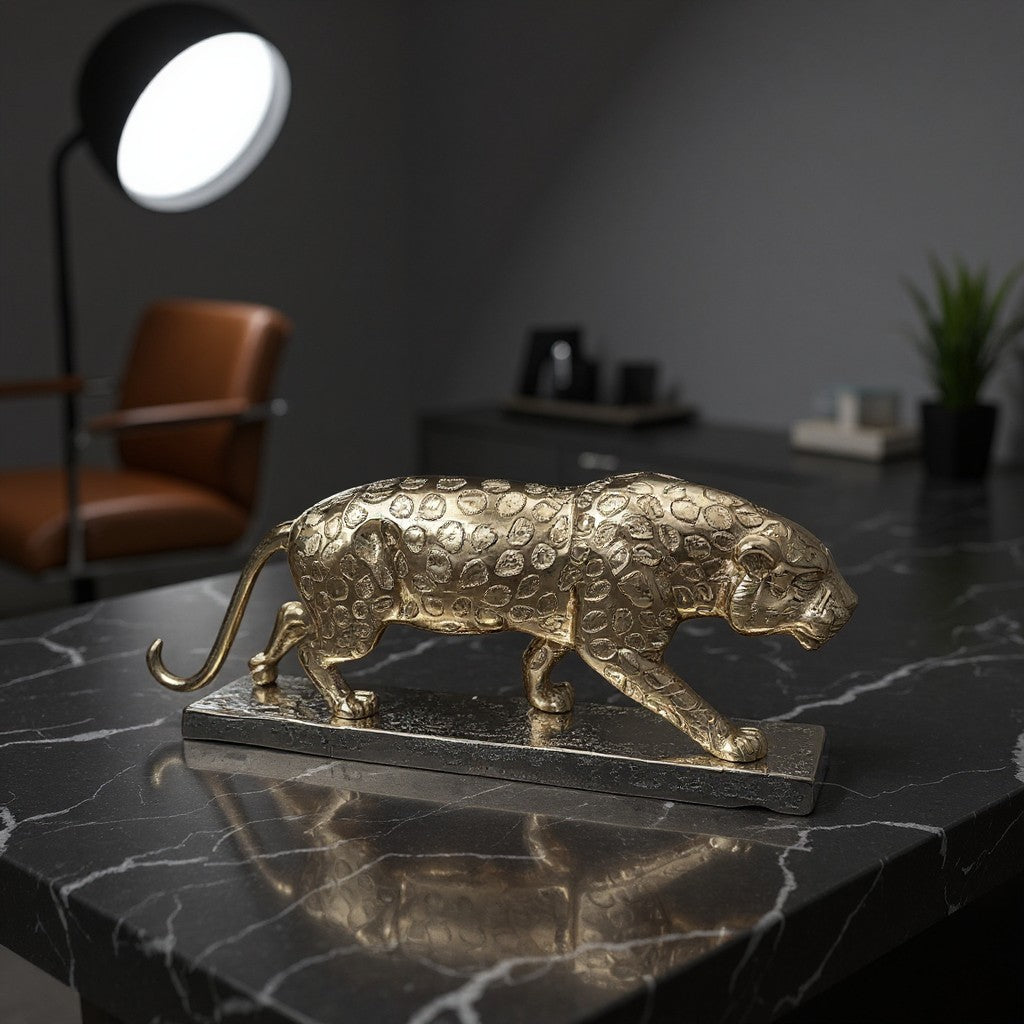EHAIKA Gold & Silver Colour Aluminium Panther Sculpture – Home Office Table Top Statue Display Decoration