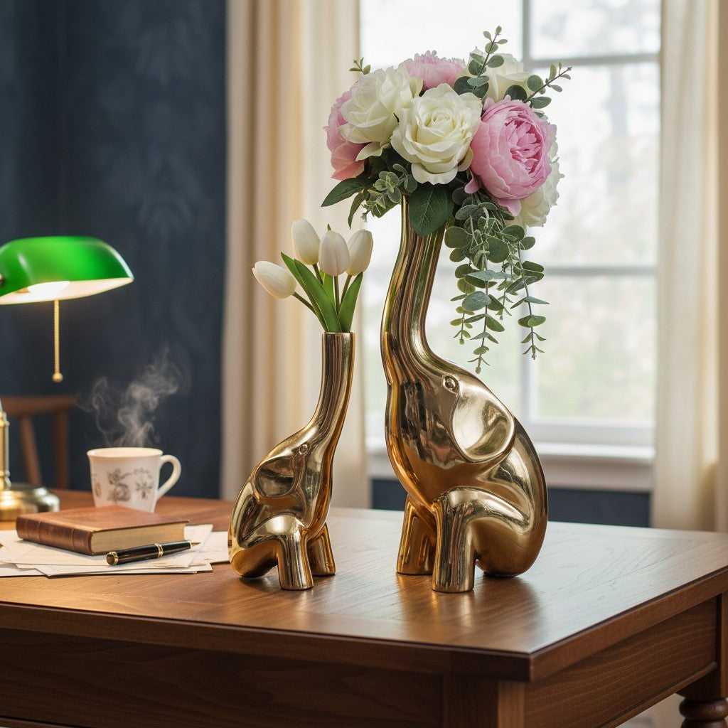 EHAIKA Golden Elephant Bud Vase (Set of 2) Aluminium Sculpture - Single Flower Home Office Table-top Display Decoration