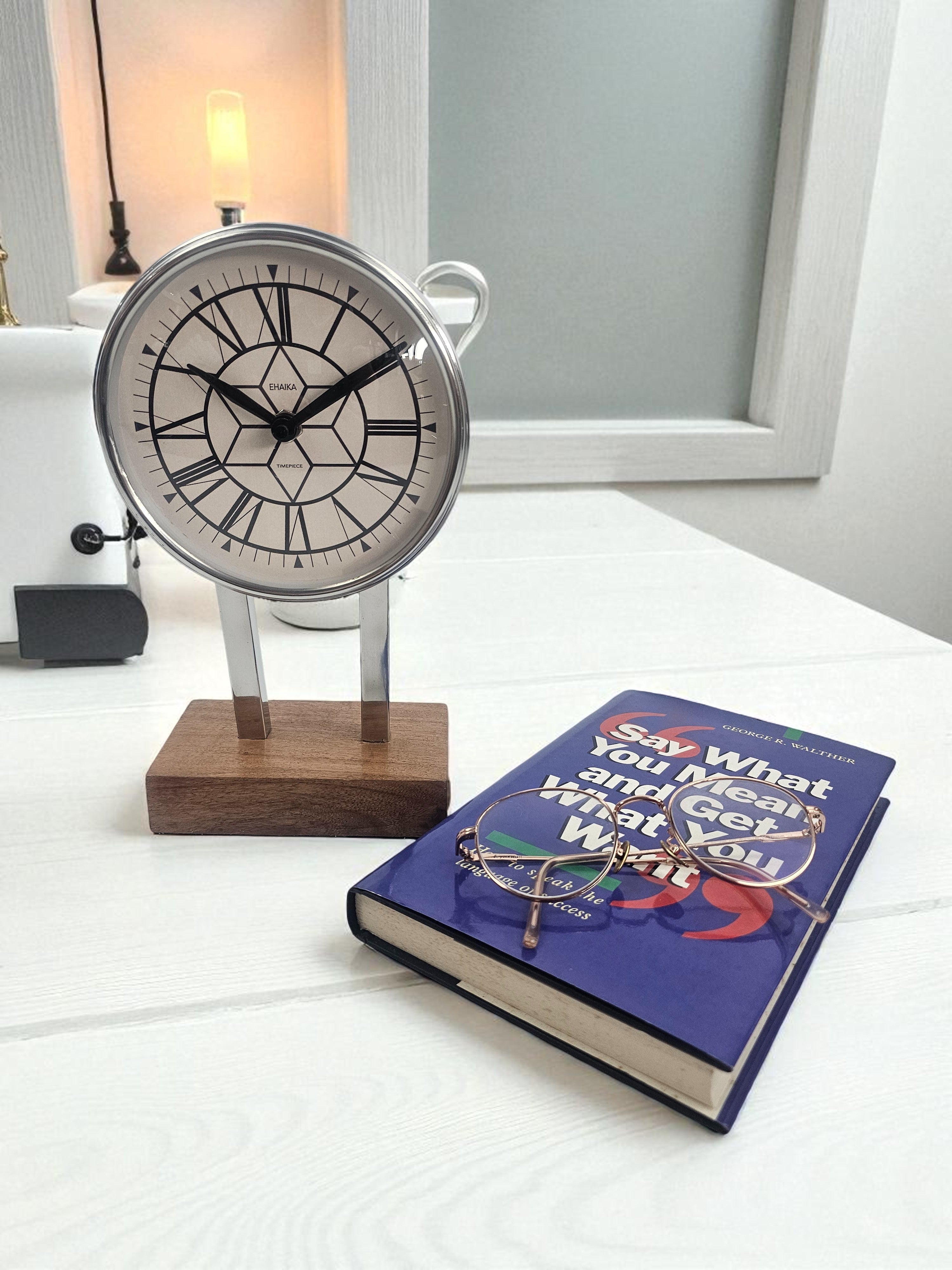 EHAIKA Classical Clockface Design, Metal Pillar Table Clock With Solid Wooden Base