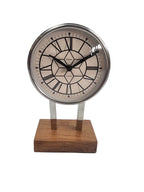 EHAIKA Classical Clockface Design, Metal Pillar Table Clock With Solid Wooden Base