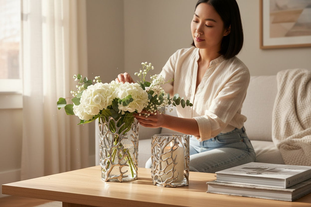 EHAIKA Sea Coral Flower Vase / Candle Holder With Glass Insert (Set of 2) - Aluminium Tabletop Decoration