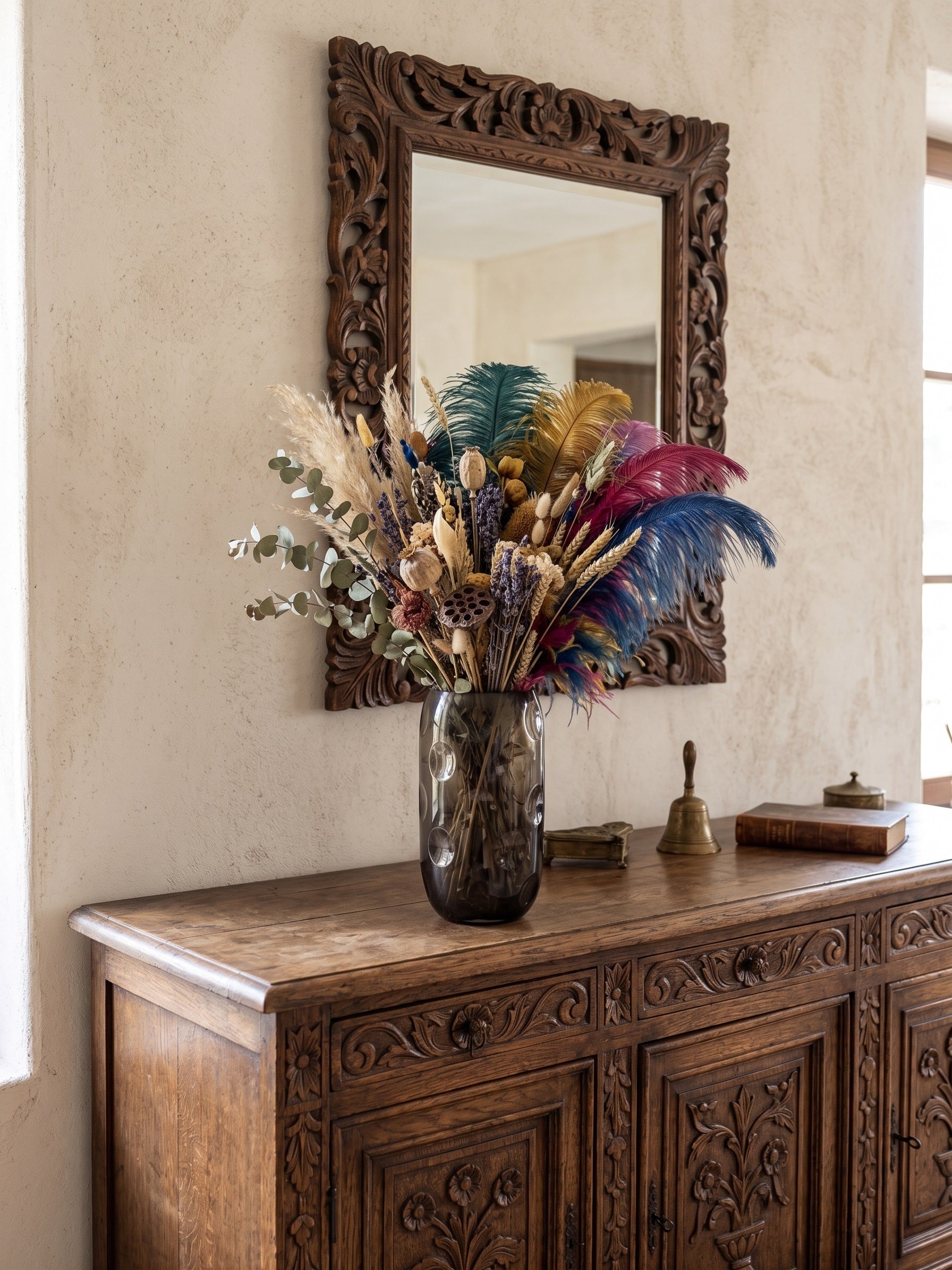 EHAIKA Tall Glass Flower Vase With Moon Cut Patterned, Large Opening Designed - Black Colour