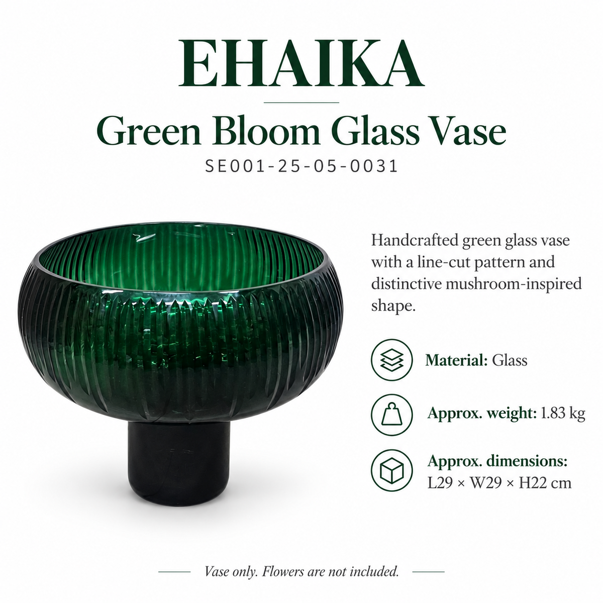 EHAIKA Green Bloom Glass Vase Gift - India Mouth-blown Handmade