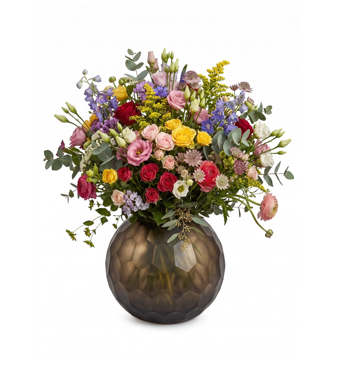 EHAIKA Designer Glass Flower Vase Bowl, Honeycomb Cut Patterned, Small Opening - Smoky Brown Colour