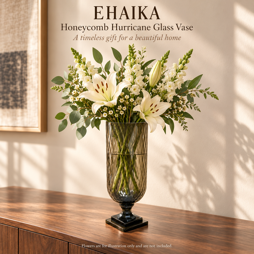 EHAIKA Honeycomb Hurricane Glass Vase - India Mouth-blown Handmade