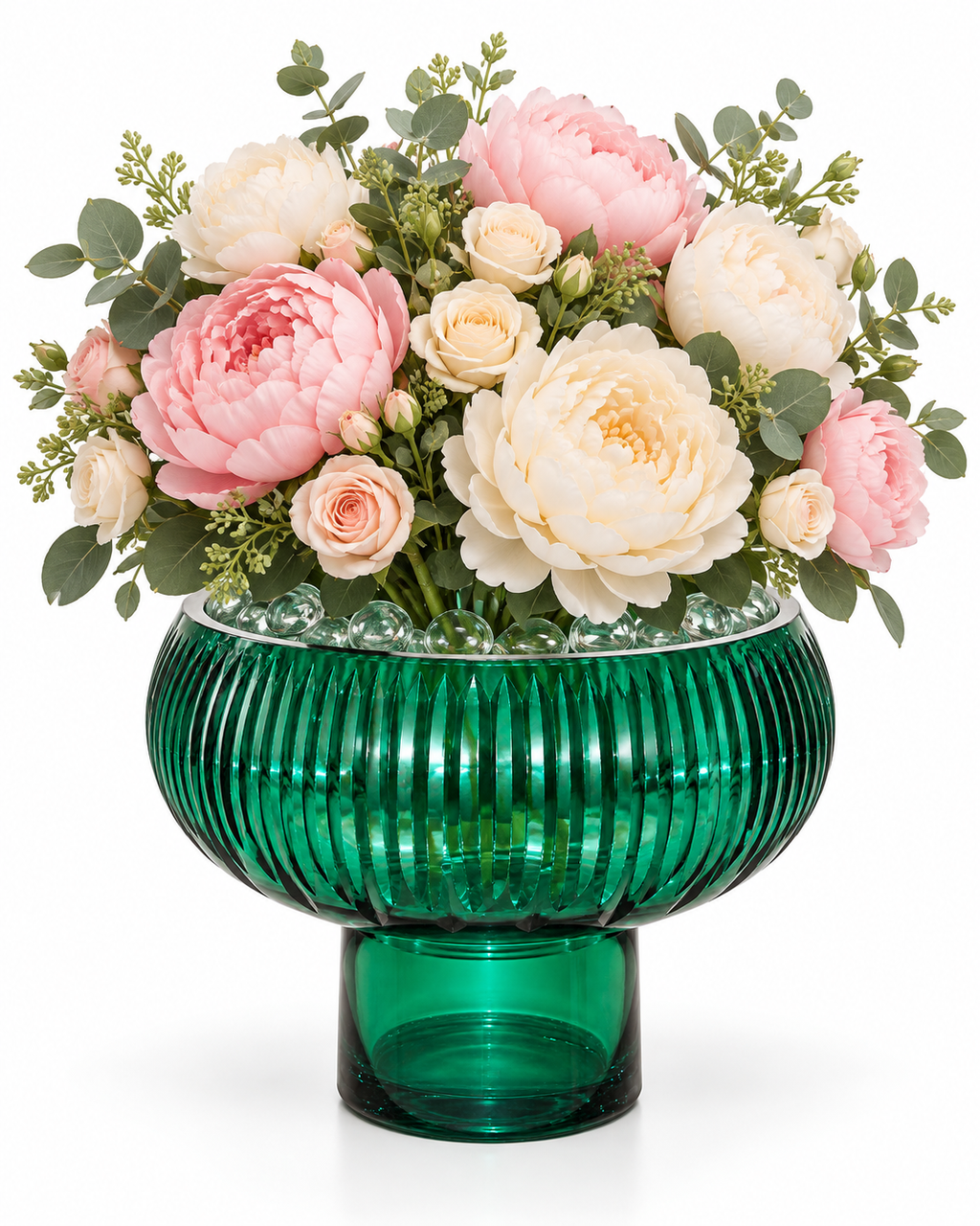 EHAIKA Large Opening Designer Glass Flower Vase, Handmade Line Cut Patterned - Round Shaped