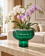 EHAIKA Large Opening Designer Glass Flower Vase, Handmade Line Cut Patterned - Round Shaped