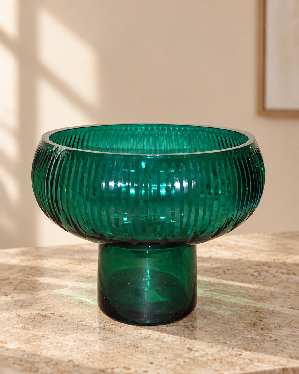 EHAIKA Large Opening Designer Glass Flower Vase, Handmade Line Cut Patterned - Round Shaped