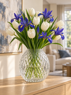 EHAIKA Designer Clear Glass Flower Vase, Handmade Diamond Cut Patterned - Round Shaped