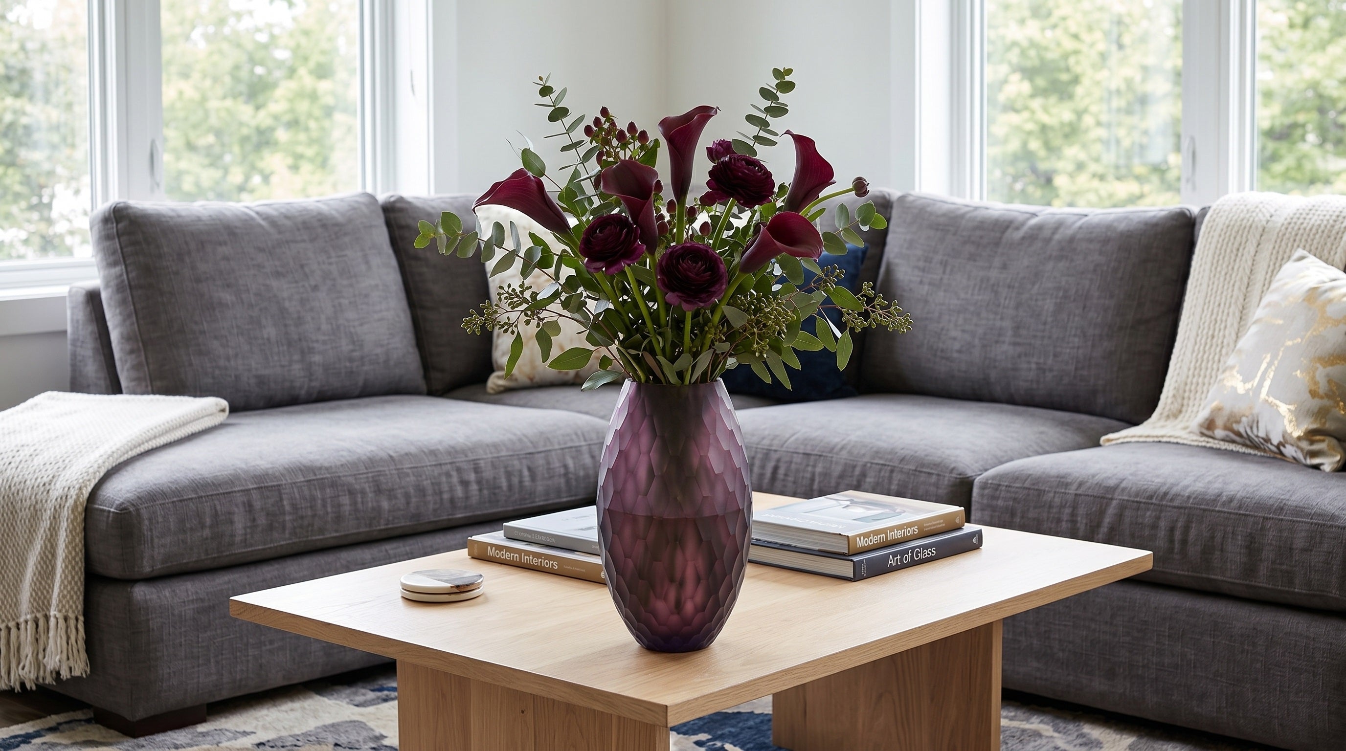 EHAIKA Glass Flower Vase With Gulla Cut Patterned - Burgundy Color