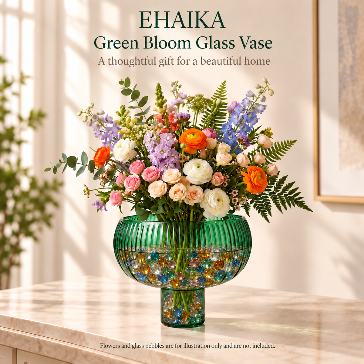 EHAIKA Green Bloom Glass Vase Gift - India Mouth-blown Handmade