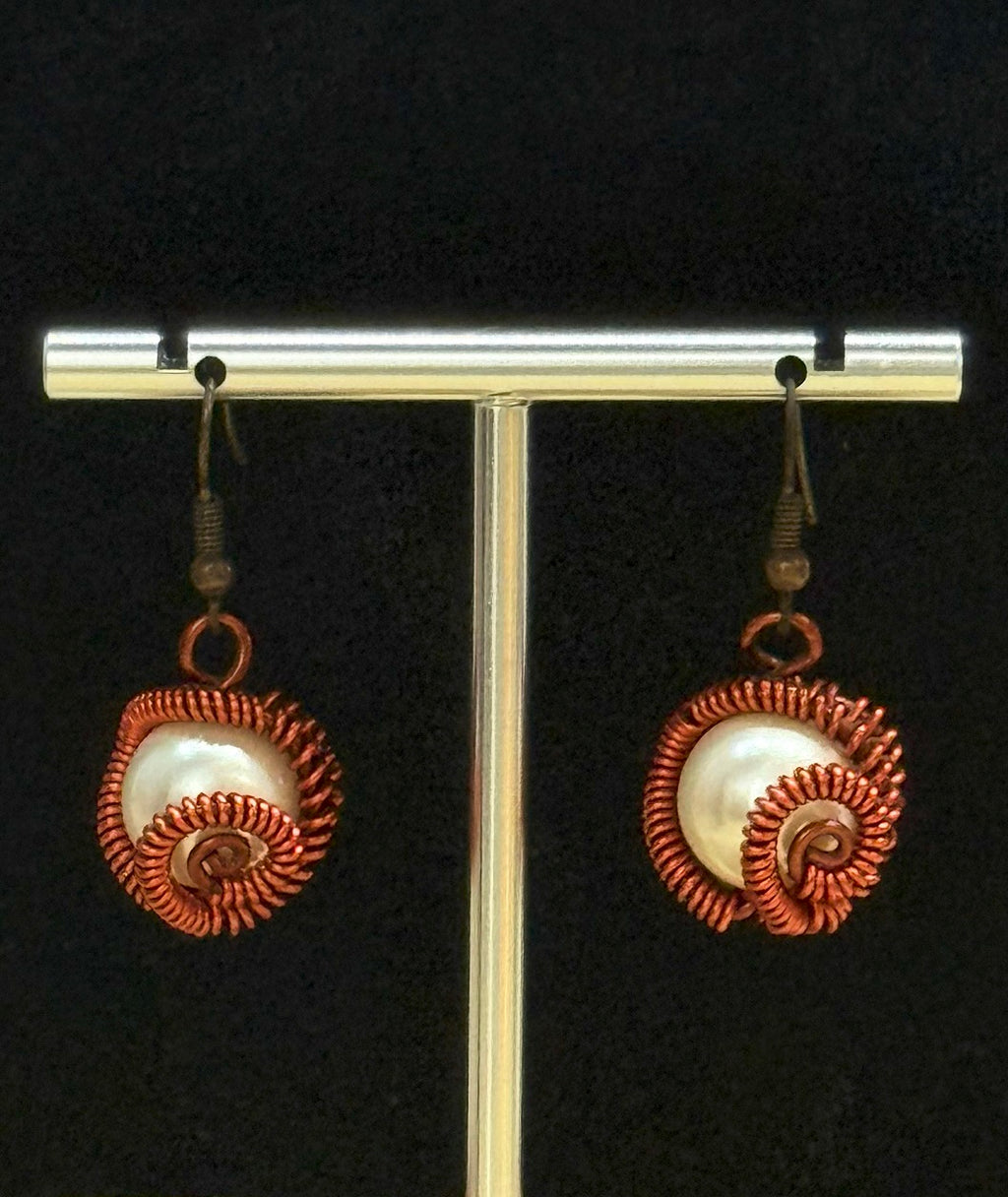 Genuine Freshwater Pearl Spiral Earrings, Handmade Copper Wire Jewellery, One of a Kind Masterpiece