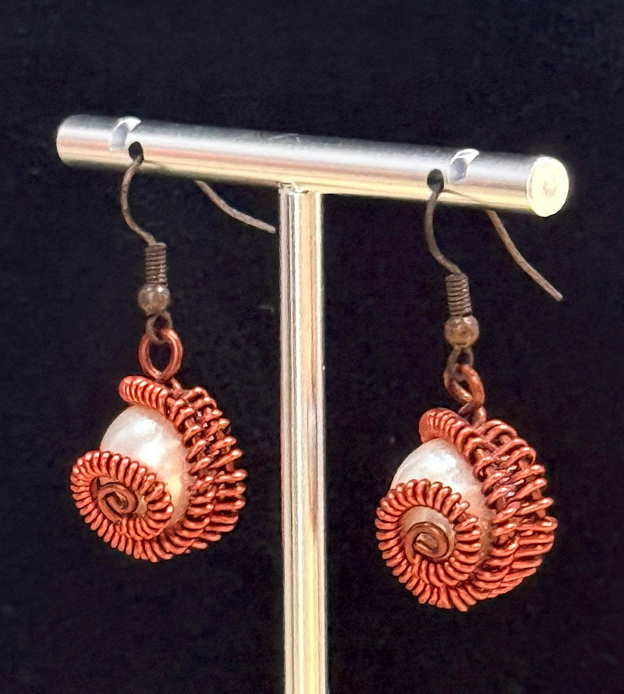 Genuine Freshwater Pearl Spiral Earrings, Handmade Copper Wire Jewellery, One of a Kind Masterpiece