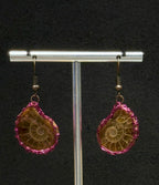 Genuine Ammonite Woman Drop Earrings, Pink Copper Wire, Handmade Artisan Jewellery