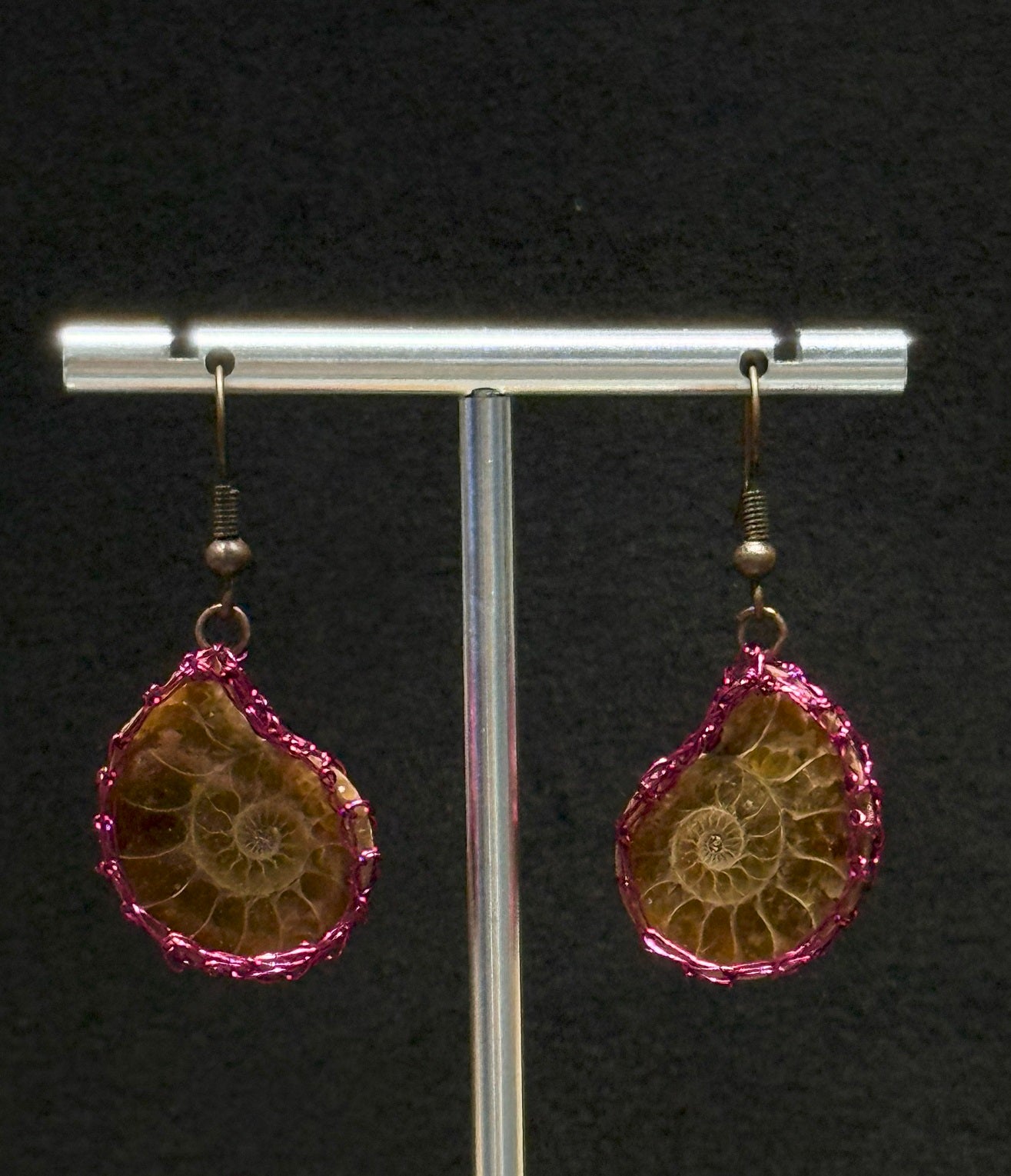 Genuine Ammonite Woman Drop Earrings, Pink Copper Wire, Handmade Artisan Jewellery